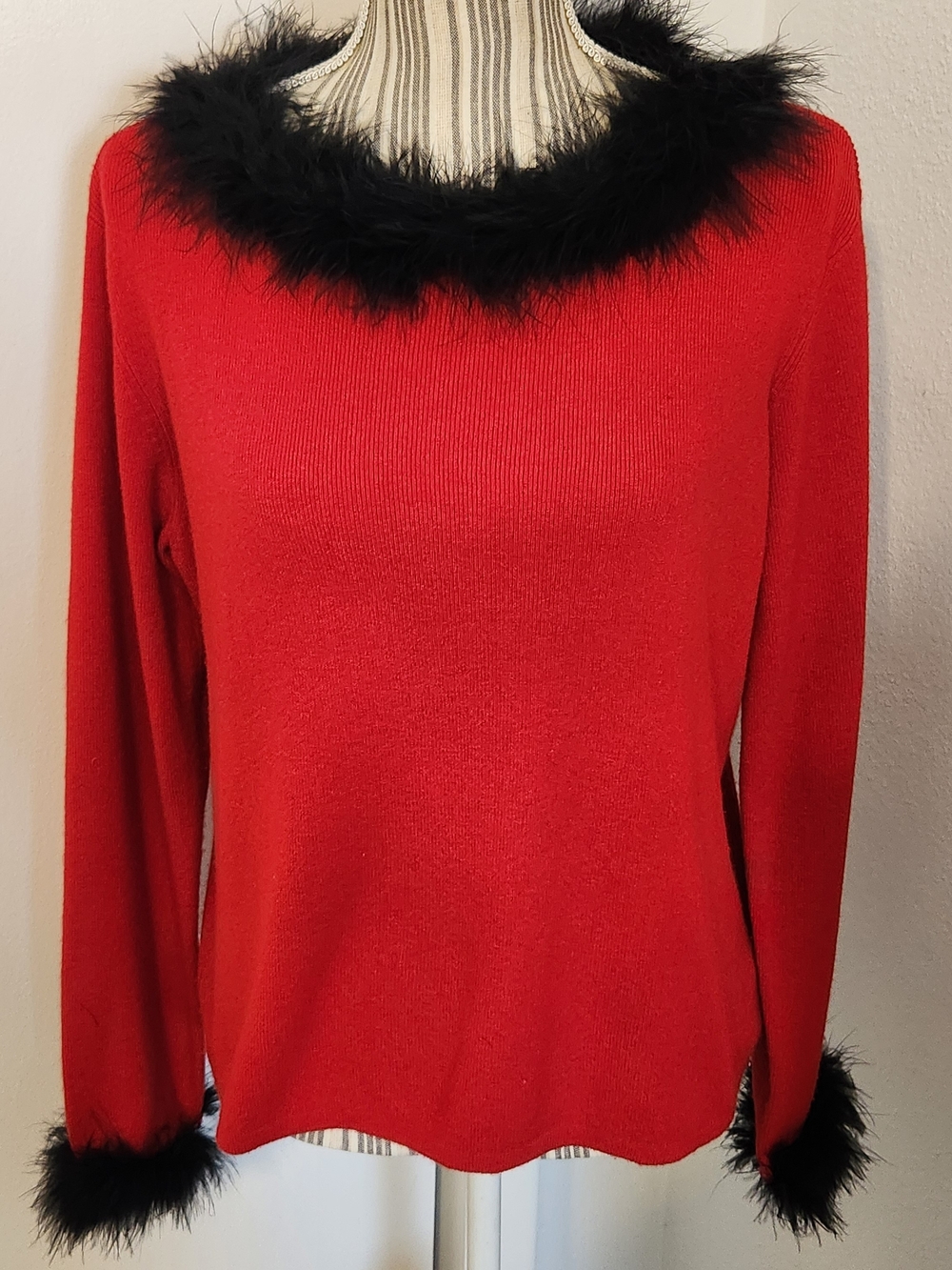 Worthington Petite XL Red Sweater Black Feather Trim